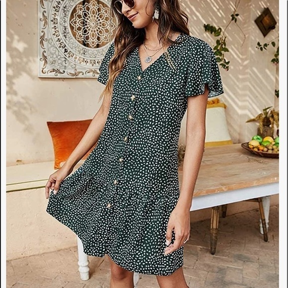 Dresses & Skirts - Summer Casual Short Sleeve Button Down Ruffle Mini Dress Casual V Neck